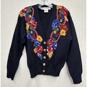 Vintage JH Collectibles 100% Wool Knit Cardigan Sweater Medium Floral Chunky